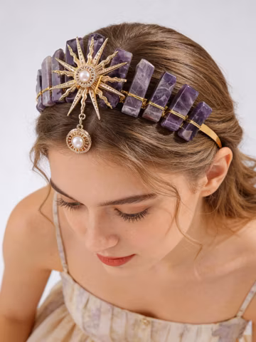 Goddess of Sun Crystal Crown Solar Tiara with Raw Gemstones, Alloy Sunburst Headdress & Faux Pearls, Adjustable Festival Headpiece