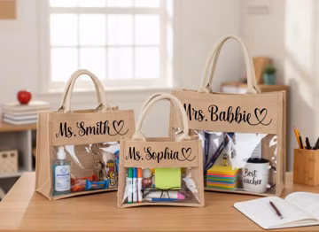 Personalized Teacher Tote Bag, Clear Window Burlap Totes, Back to School Classroom Gift