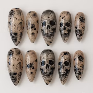 Vintage Skull Press On Nails | Gothic Botanical Nail Set | Sepia Floral Skeleton Nails | Handmade Halloween Press On Nails