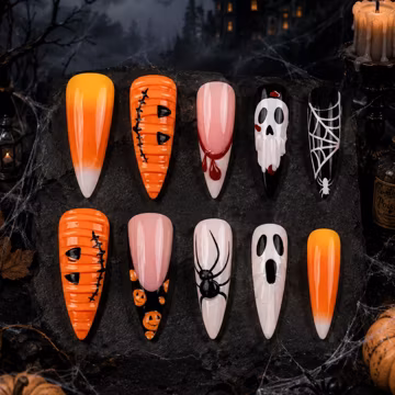 Cute Halloween Press On Nails | Ghost Pumpkin Spider Web Nails | Spooky 3D Gel Nail Set | Handmade Halloween Press On Nails