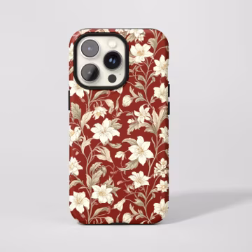 Burgundy & White Floral Phone Case,Retro Classic Camellia Flower Print,For iphone 17 16 15 14 13 12 11 Pro Max,Samsung S26 S25 Ultra,Magsafe