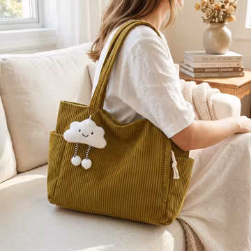 Corduroy Tote Bag with Cloud Charm, Large Capacity Shoulder Bag, Casual Work Tote for Women, Cute Daily Handbag, Gift for Her