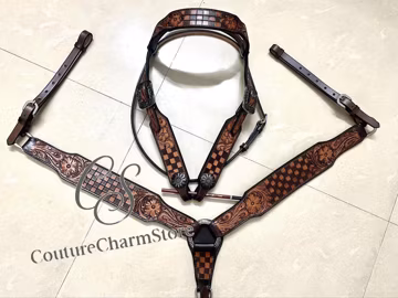 Western Leather Headstall Breast Collar Set | Hand-Tooled Floral Tack