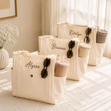 Custom Embroidered Bridesmaid Tote Bag, Personalized Canvas Beach Bag with Initial Ribbon, Wedding Gift for Bridesmaids, Bridal Party Gift