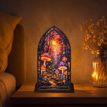 Mushroom Forest Stained Glass Style Candle Holder, Enchanted Woodland Lamp, Fairycore Cottagecore Decor, Fantasy Gift, BP-391