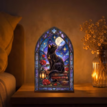 Black Cat and Books Stained Glass Style Candle Holder, Celestial Gothic Book Nook Decor, Cat Lover Gift, BP-385