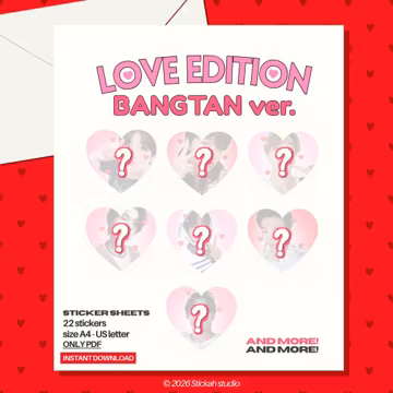 Fanmade BTS Valentine's Day Sticker Sheet Printable PDF, 22 Kpop Stickers A4 US Letter