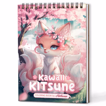 Kawaii Kitsune Coloring Book A5 – Handmade Wooden Cover or Paper Cover, Spiral Bound