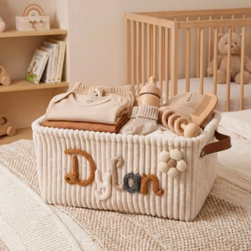 Personalized Embroidery Baby Storage Basket - Custom Embroidered Name Toy Box - Baby Shower Gift Knitted Wire Art, Moms To Be Gifts