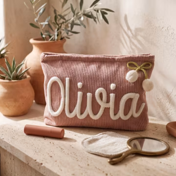 Personalized Corduroy Travel Toiletry Bag, Custom Name Chenille with Raised Cotton Lettering, Birthday Gift for Her, Mom, Bridesmaid Gifts