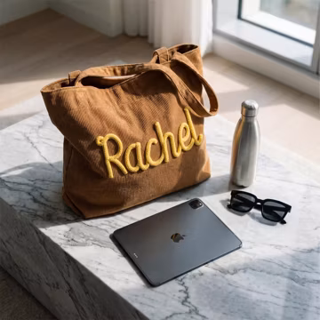 Custom Corduroy Tote Bag, Personalized Yarn Name Bag, Large Work Tote, Laptop Tote with Pocket, Thank You Teacher Gift, Back to College Gift