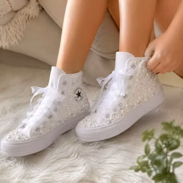 Custom Pearl Rhinestone Platform Converse – Bridal Reception Sneakers, Monogram Wedding Shoes