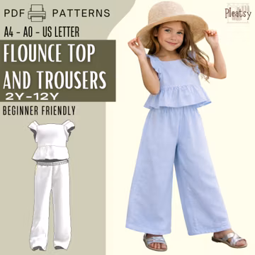 Kids Peplum Ruffle Top and Trousers Sewing Pattern PDF, Beginner Friendly Girls Clothing Pattern, Flounce Top and Wide Leg, Summer Outfit