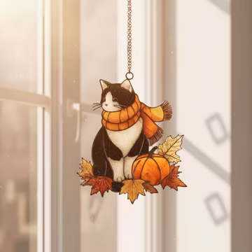 Charming Tuxedo Cat Suncatcher Faux Stained Glass Window Hanging, Autumn Fall Decor With Pumpkin And Leaves, Unique Cat Lover Gift