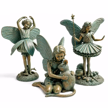 Whimsical Metal Fairy Statue Set of 3, Verdigris Bronze Tone Finish, Ballerina Wand Fairy with Mouse, Garden or Shelf Decor, Mint