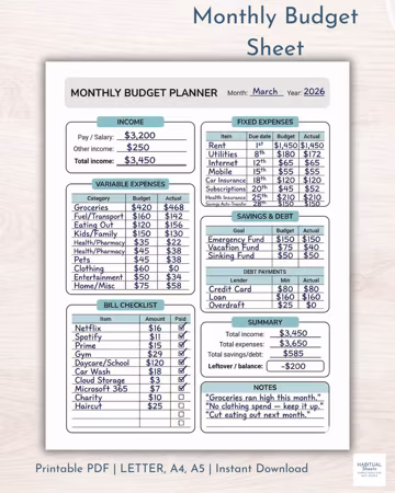 2026 Monthly Budget Planner Printable, Simple Finance Tracker PDF (A4, US Letter PDF)