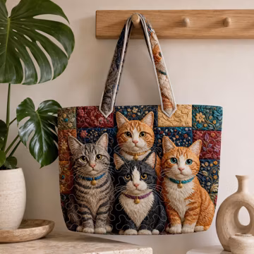 Cute Cats Quilted Tote Bag, Personalized Patchwork Cat Handbag, Floral Kitty Tote Gift for Cat Lover Women