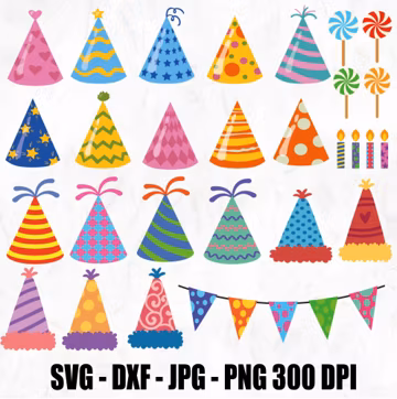 Birthday Hats Clipart – High-Resolution SVG PNG JPG Files, Party Hat Graphics, Birthday Clipart Bundle, Digital Download