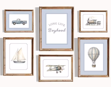 Vintage Transportation Nursery Art Set, Blue Watercolor Prints (Digital Download)