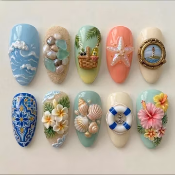 Tropical Beach Press On Nails / Summer Ocean Nails / Seashell Starfish Nails / 3D Beach Nail Art / Vacation Island Nails