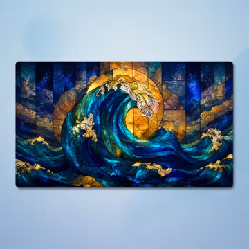 Stained Glass MTG Playmat with Ocean Wave Art, Fantasy TCG Playmat for Card Game Decks