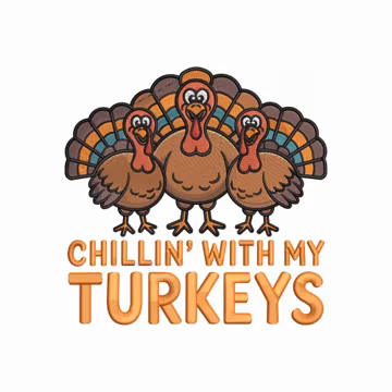 Chillin' With My Turkeys Embroidery Design – Funny Family Thanksgiving Machine Embroidery File, DST, PES, JEF & More, 9 Sizes