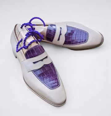 Bespoke Handmade Men's Two Tone White Purple Leather Oxford Brogue Lace Up Shoes