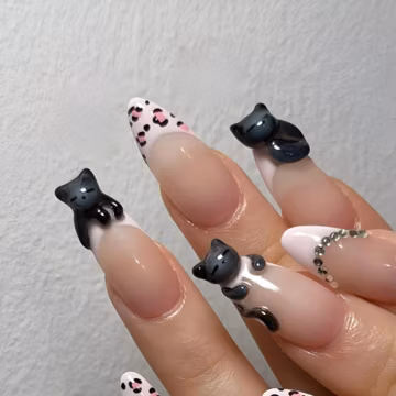 3D Ceramic Black Cat Press On Nails | Pink Leopard French Tip Kawaii Y2K Baddie