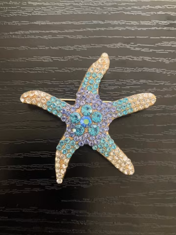 Vintage Blue Starfish Rhinestone Brooch Pin, Ocean Nautical Fish Brooch Badge