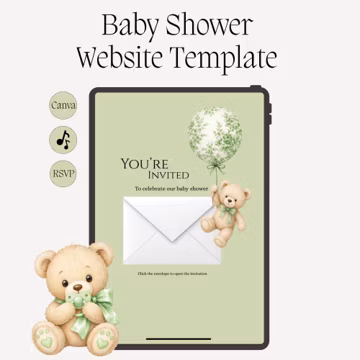 Gender neutral teddy Baby Shower Website, green nursery toys baby shower invitation, trackable rsvp coundown, editable baby shower invite
