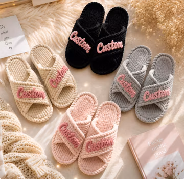Custom Name Plush Slippers | Bridesmaid Gift | Bride Slippers | Personalized Cross Band Spa Slippers | Bridal Party Gift |Getting Ready Gift