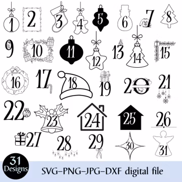 Advent Calendar Numbers SVG Bundle – 31 Christmas Countdown Designs | SVG PNG Jpg Dxf | Holiday Ornaments Cut Files for Cricut & Silhouette