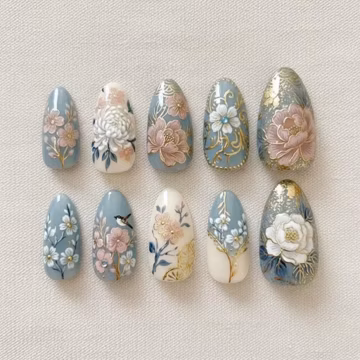 Vintage Floral Press On Nails / Pastel Blue Gold Leaf Nail Set / Hand Painted 3D Flower Nails / Elegant Romantic Bridal