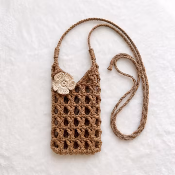 Hand-Crocheted Crossbody Phone Bag with Raffia Flower, Durable Cotton Cord Phone Pouch, Boho Adjustable Crossbody Pouch