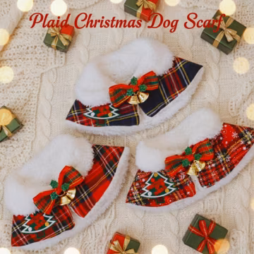 Christmas Pet Bandana Plaid, Faux Fur Collar Scarf for Puppies & Cats, Holiday Pet Cape Winter Outfit, Flannel Dog Bandana, Gift for Pets