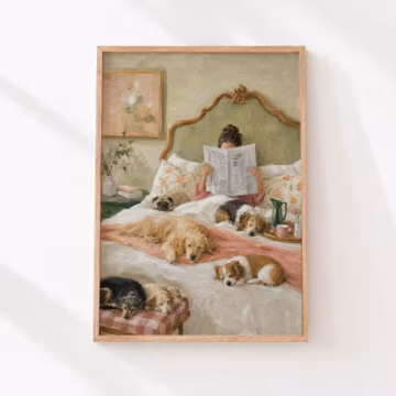 Vintage Woman Reading in Bed, Cozy Dogs Cottagecore Printable Wall Art (Digital Download) 1310