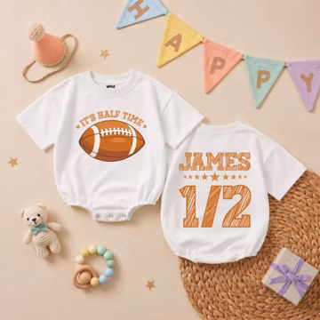 Personalized Football Half Birthday Boy Bubble Romper, Custom Name It's Halftime Outfit, 1/2 Birthday Clothes, Football Baby Gift