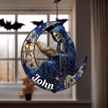 Personalized Reading Skeleton Suncatcher, Custom Crescent Moon Hanging, Gothic Bookworm Gift