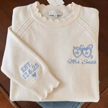 Personalized Bride Sweater, Embroidered Future Mrs. Sweatshirt, Custom Bride to Be Crewneck, Engagement Gift, Last Name Bride Scallop Shirt