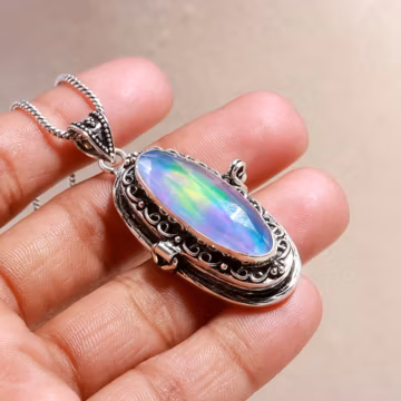 Aurora Opal Oval Locket Necklace: 925 Sterling Silver Hidden Pill Box Pendant, Snake Chain