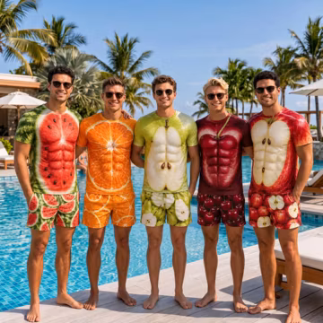 Funny Fruit Muscle Shirt Shorts Set for Men, Watermelon Apple Orange Pool Party Outfit