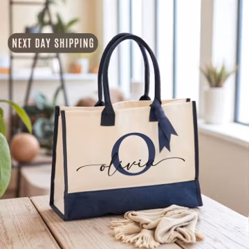 Personalized Tote Bag with Name & Initial, Custom Monogram Gift Bag, Bridesmaid Tote, Wedding Party Favor, Everyday Work Bag