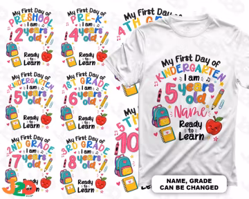 Personalized My First Day of School PNG, Custom Name Grade Age Shirt Design, Back to School Sublimation Download