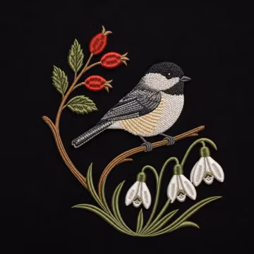 Chickadee Snowdrop Machine Embroidery Design Woodland Bird Botanical Sweatshirt Shirt Hoop Pattern