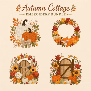 Autumn Cottage Embroidery Bundle Machine Designs Pumpkin Wreath Door Sunflower Harvest Fall Collection