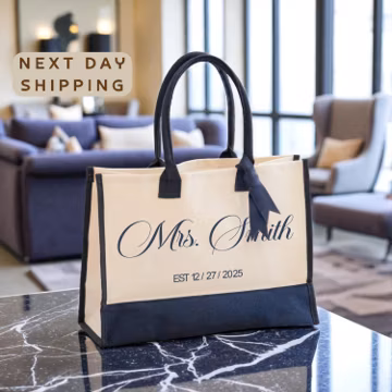 Mrs. Last Name Est Year Tote Bag Personalized Date Wedding Tote Bridal Shower Gift Honeymoon Gift Customized Wedding Gift Bridesmaid Gift