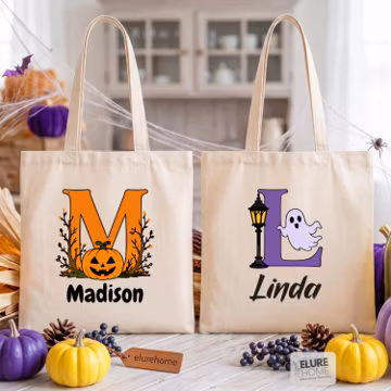 Custom Halloween Alphabet Tote Bag, Personalized Monogram Trick or Treat Bag, Spooky Initial Letter Canvas Tote, Kids Favor Set