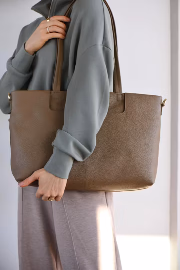 Leather Laptop Work Tote Bag with Zipper - Lining, Pockets, Crossbody Strap, Key Leash - Personalized