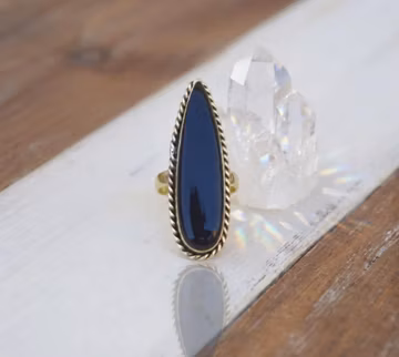 Black Onyx Statement Ring, Gold Tone Artisan Ring, Long Oval Gemstone Ring, Boho Jewelry for Women, Unique Gift for Her, Minimalist Ring