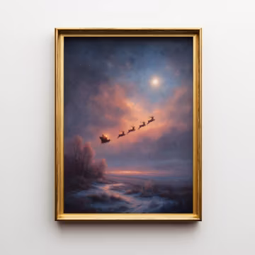 Enchanted Christmas Night Sky with Santa’s Sleigh – Magical Winter Fantasy Landscape Print